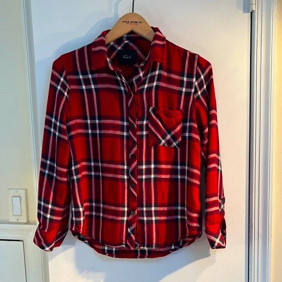 Rails deep red/white & black Plaid Button-Up Shirt. Sz S  fits like a petite. - Picture 2 of 5